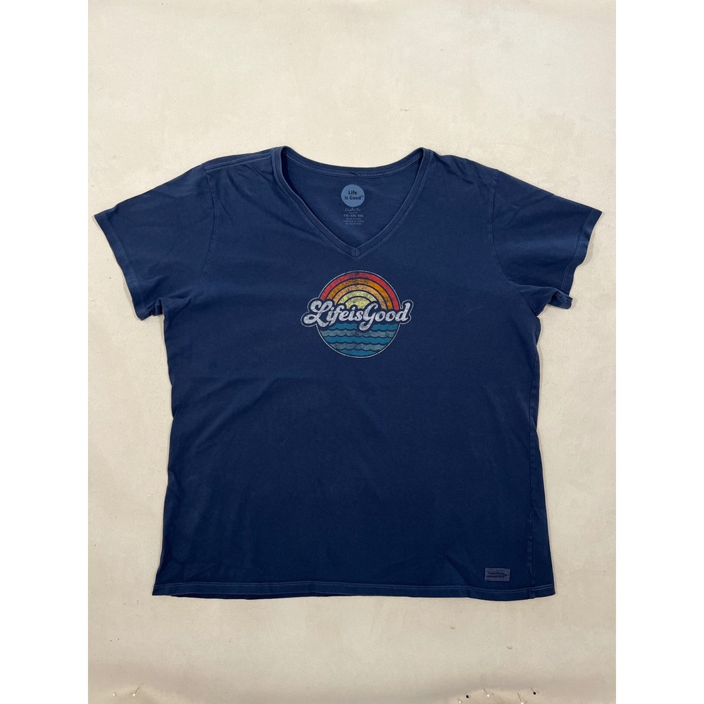 Life is Good Crusher Tee Womens XXL Blue V-Neck Rainbow Sunset Graphic T-Shirt